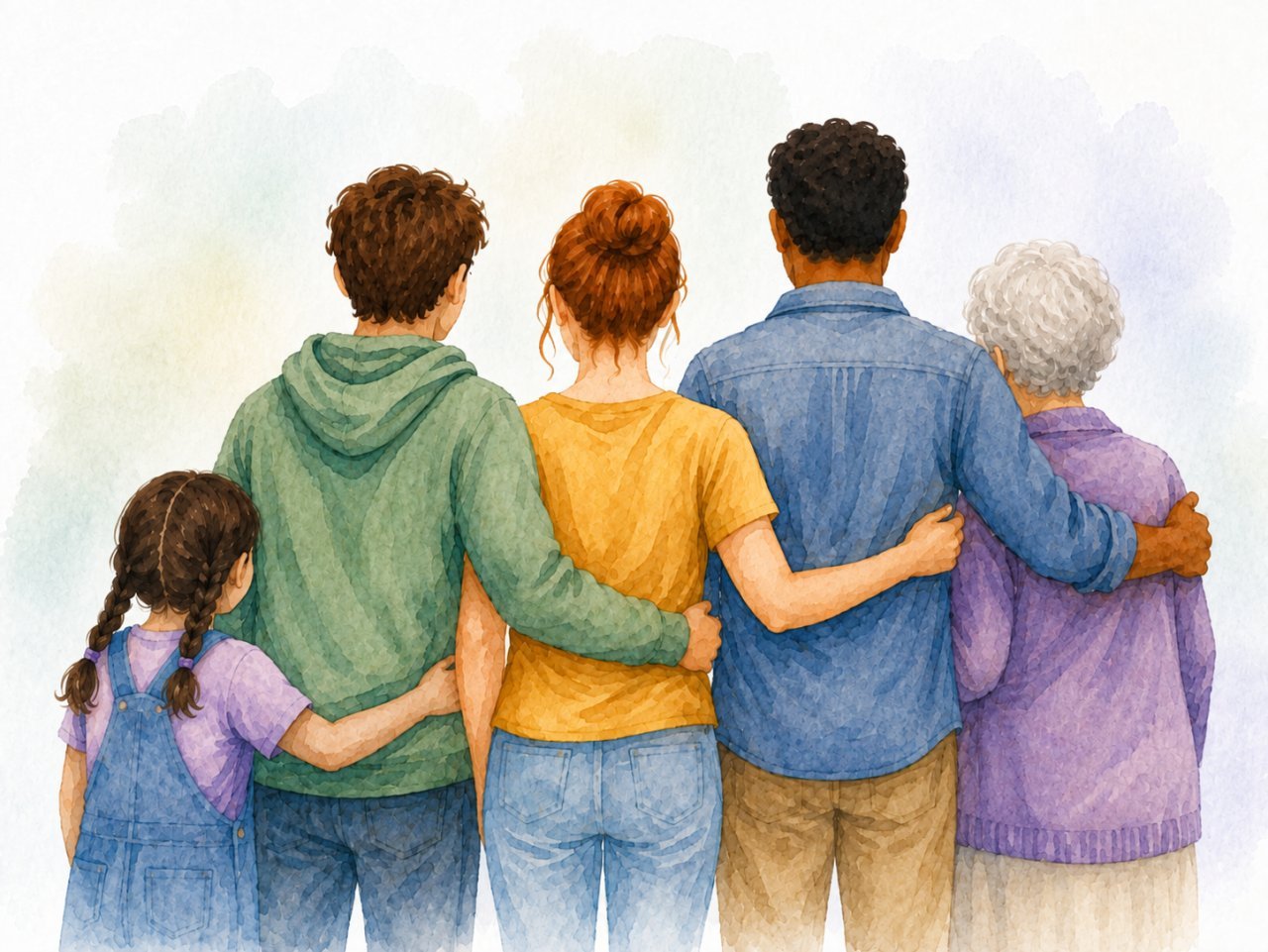 Une famille se tenant par les épaules, vue de dos